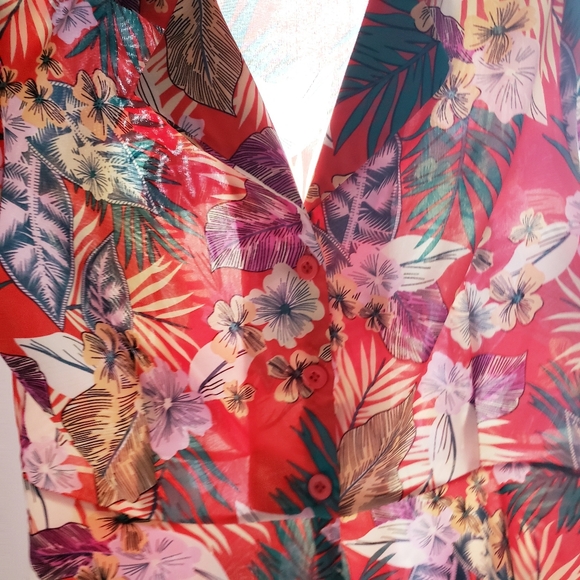 Shun Bo Floral Tropical Hawaiian Collared Peplum Button Down Top - Picture 3 of 5